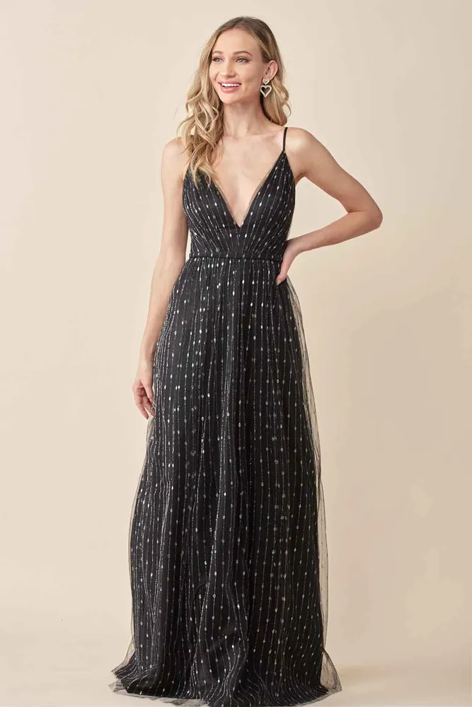 BLACK SPARKLE DOT TULLE OVERLAY MAXI