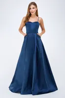 NAVY TAFFETA MAXI GOWN WITH JEWEL POCKETS