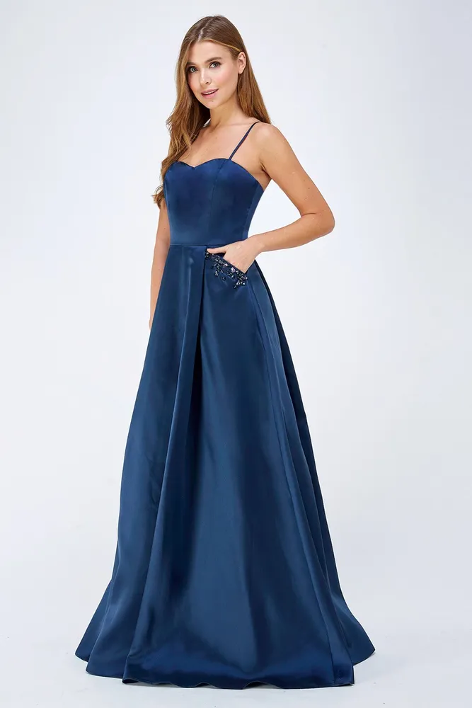 NAVY TAFFETA MAXI GOWN WITH JEWEL POCKETS