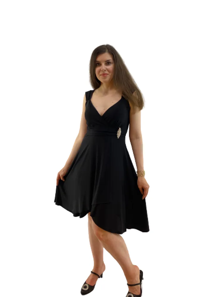 Plain Black Party Dress With Shinny Buckle Detail