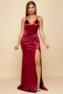 WINE TWO STRAPS SLEEVELESS SATIN SLIT MAXI