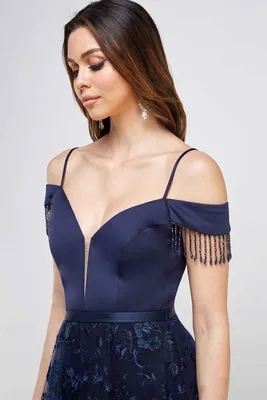 NAVY OFF SHOULDER LACE BEADED GOWN