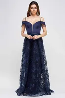 NAVY OFF SHOULDER LACE BEADED GOWN