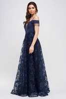 NAVY OFF SHOULDER LACE BEADED GOWN