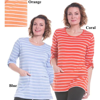 Horizontal Striped Top with 3 Buttons on Shoulders