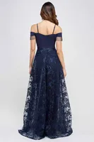 NAVY OFF SHOULDER LACE BEADED GOWN