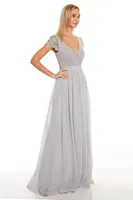 DUSTY GREY CHIFFON MAXI DRESS WITH DESIGNER SLEEVES