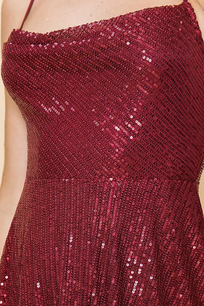 WINE COWL NECK SEQUIN MINI DRESS