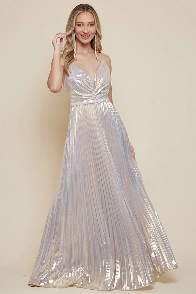 SLEEVELESS FOIL PLEATED MAXI DRESS