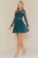 EMERALD LONG SLEEVE SHEER LACE SHORT DRESS