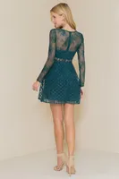 EMERALD LONG SLEEVE SHEER LACE SHORT DRESS