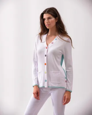 Button Detail White-Aqua Sweater  with Pockets