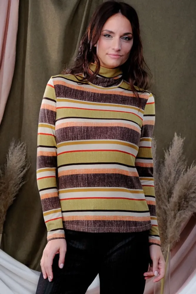 Yellow-Brown Stripped Turtle Neck Top