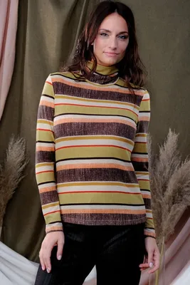 Yellow-Brown Stripped Turtle Neck Top