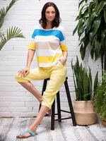 White Half Sleeves Pullover with Turq and Yellow Stripes