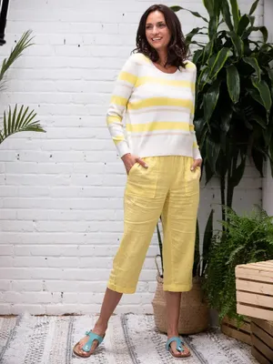 White Full Sleeves Pullover with Yellow Stripes