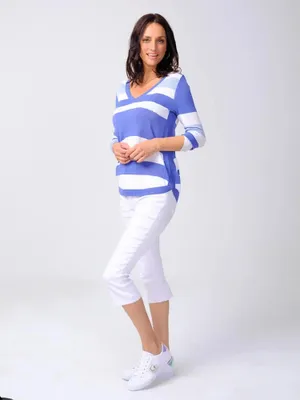 Blue-White Striped V-Neck Pullover