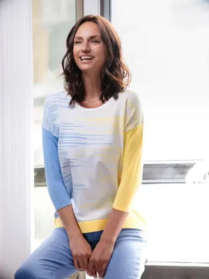 White Pullover with Yellow-Blue Stripes and Colored Sleeves