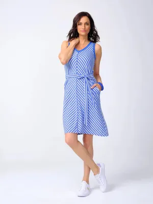 Blue V-Neck Dress with White Stripes and Attached Belt