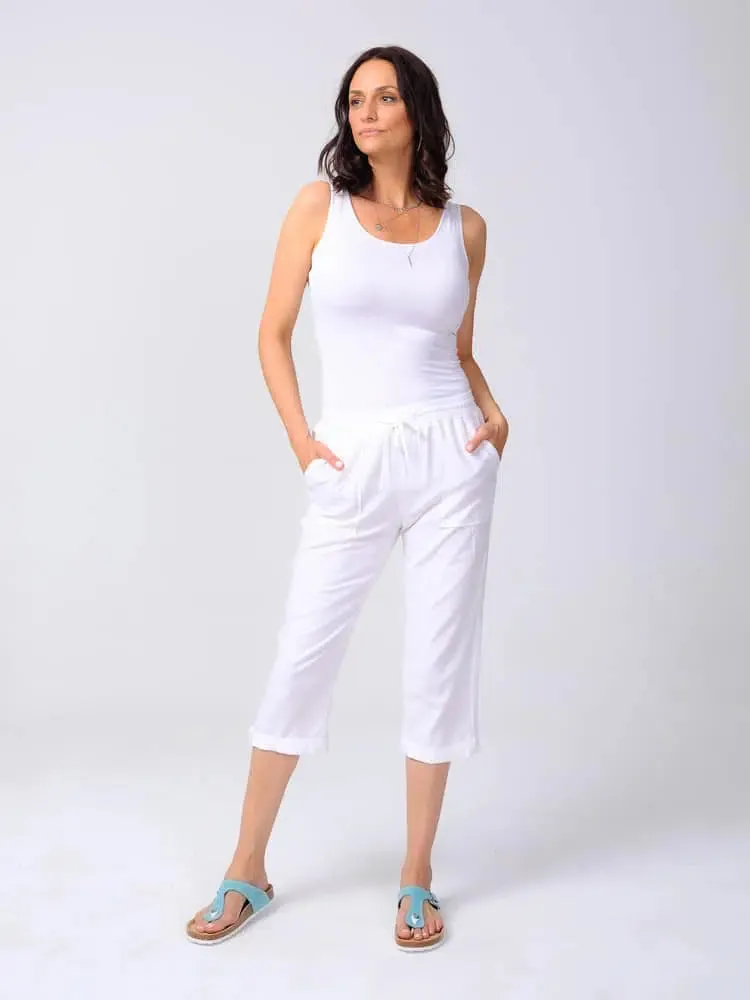 Plain Capri Pants with Pockets, Drawstring and Button Detailing at Bottom