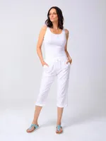 Plain Capri Pants with Pockets, Drawstring and Button Detailing at Bottom