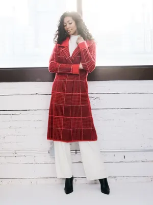 Red-white Printed Collared Coat