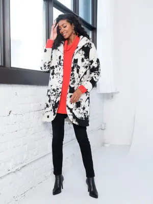 White-black Printed Buttoned Coat with Hood
