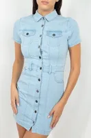 Denim Buttoned Mini Dress With Pockets