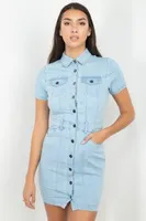 Denim Buttoned Mini Dress With Pockets