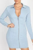 Light Denim Full Sleeves Mini Zipper Dress