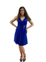 Plain Royal Blue Party Dress With Buckle Detail