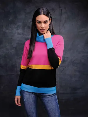 Pink-Turq-Black-Yellow Block Style Turtle Neck Sweater