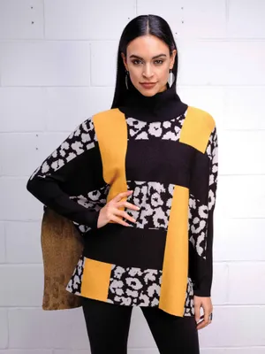 Black-Grey Printed Mock Neck Colored Cape