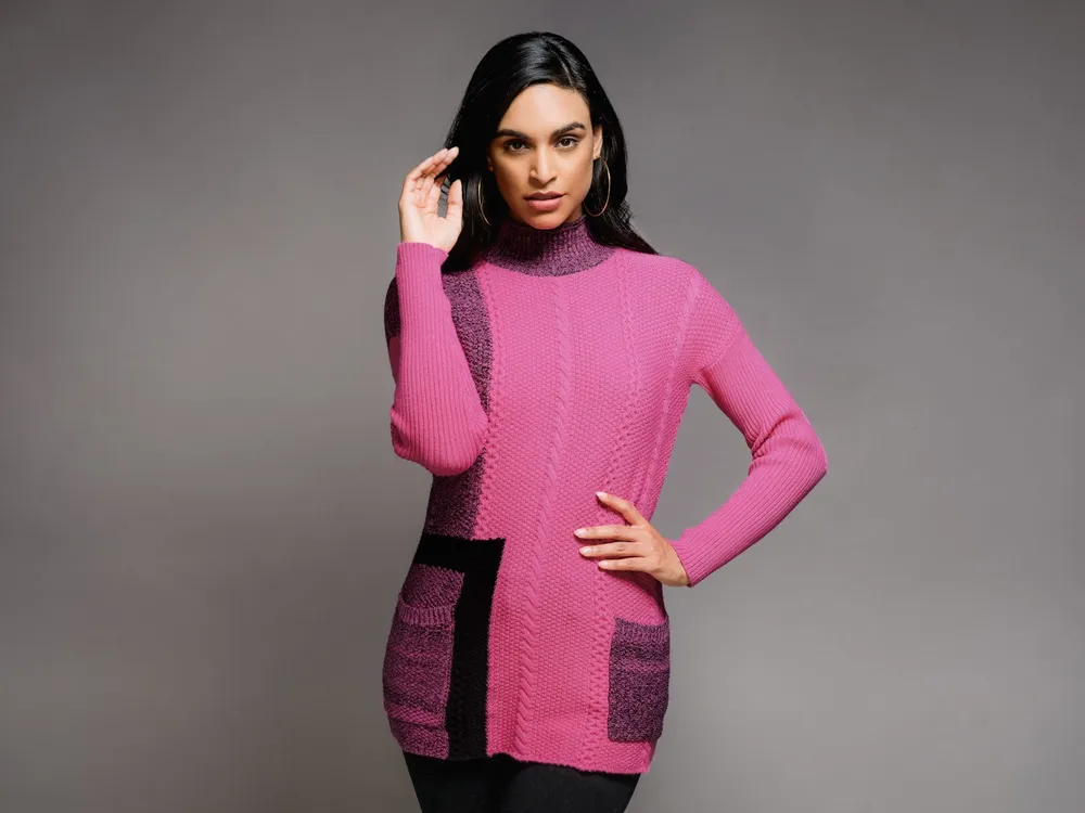 Fuchsia/Black Mock Neck Sweater with Pockets