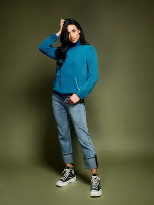 Teal Mock Neck Sweater with Zipper Detailing