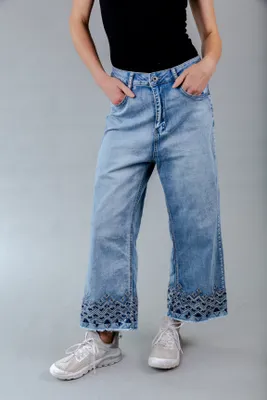 Light Blue Wide Leg Jeans with Embroidery at Bottom