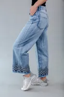 Light Blue Wide Leg Jeans with Embroidery at Bottom