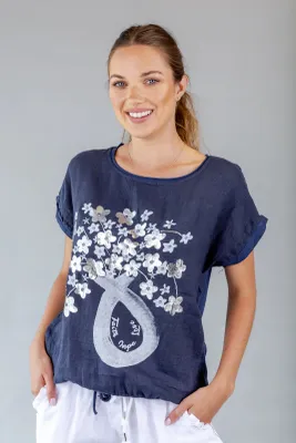 Navy Colored Floral Printed Cap Sleeves Top with Drawstring at Bottom