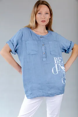 Jeans Colored Short Sleeves Linen Top with 2 Chest Pockets and Buttons Detailing