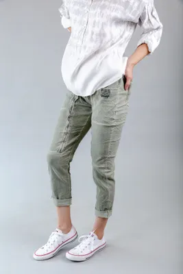 Sage Colored Pants with Zipper Detailing at Front