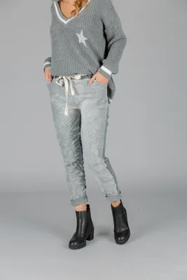 Grey Designer Pull-on Pants with Tie-Belt
