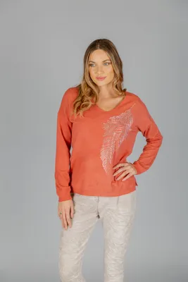 Rust V-Neck Top with Shiny Feather Print
