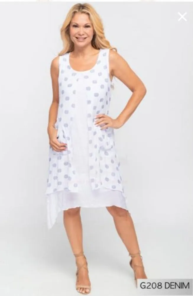 White Sleeveless Dress with Colored Circles and Side Pockets