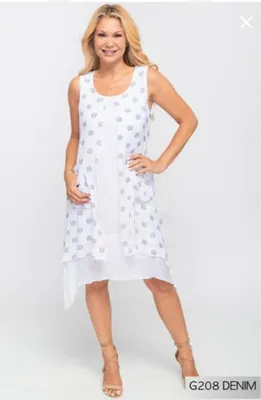 White Sleeveless Dress with Colored Circles and Side Pockets