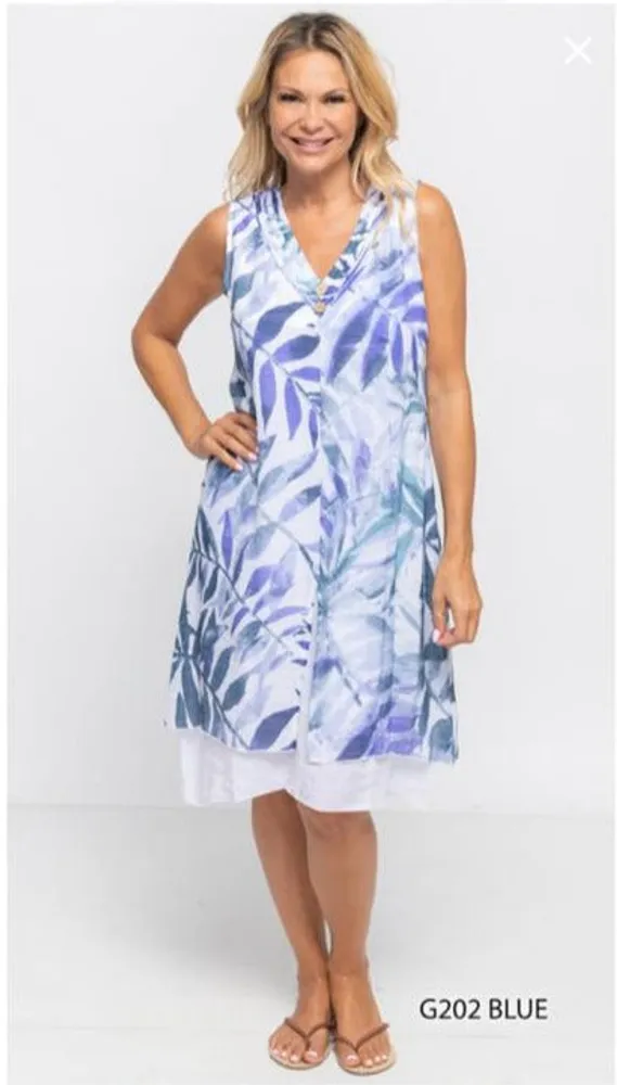 Leaf Printed Double Layered Dress with 2 Buttons on Neck