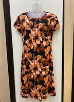 Short Sleeve Coral and Black Flower Printed Dress