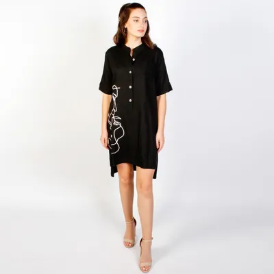 Black Colored Short Sleeves High-Low Dress with 1 Chest Pocket