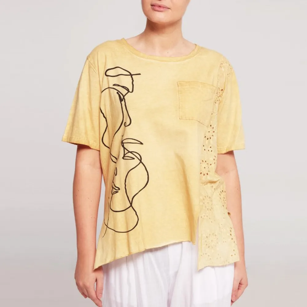 Yellow Asymmetrical hem  Top with 1 Chest Pocket and Lacy Detailing