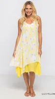 YELLOW /WHITE LEAF PRINTED ASYMMETRICAL HEM DRESS