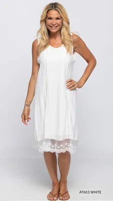 WHITE LACE HEM LAYEDED DRESS WITH BOOTOM TRIM